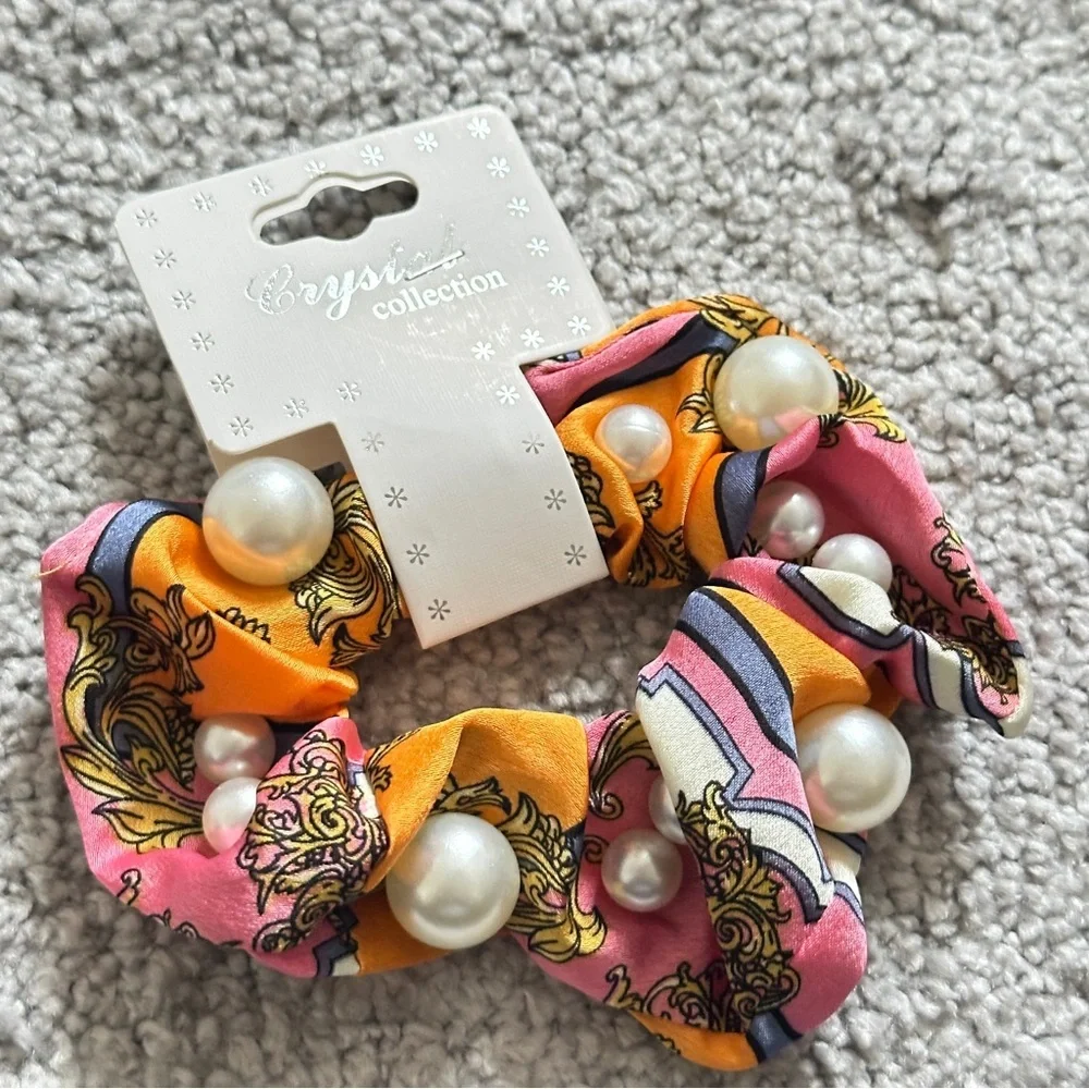 Colorful Patterned Scrunchies with Pearls